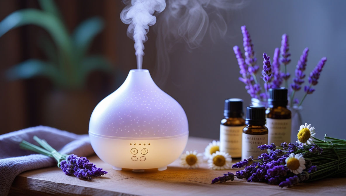 유리 디퓨저에서 은은하게 수증기가 피어오르며 부드럽고 편안한 향기가 퍼지는 모습