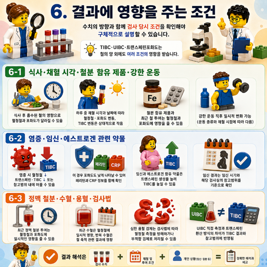 레고 스타일 메디컬 인포그래픽으로 TIBC, UIBC, 트랜스페린포화도 참고범위와 검사실별 차이, 포화도 계산 원리를 설명한 이미지