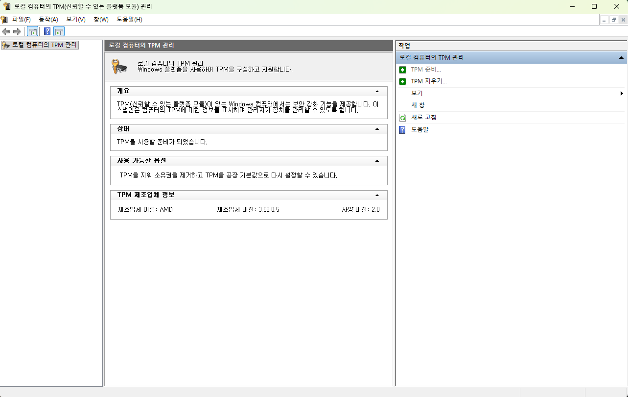 tpm 관리 창에서 tpm정보확인