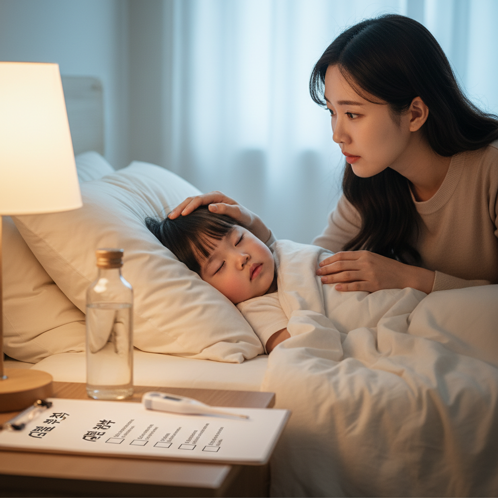 침대에서 아픈 아이의 체온을 확인하며 걱정하는 보호자의 모습, 노로바이러스 증상 체크와 가정 내 간호