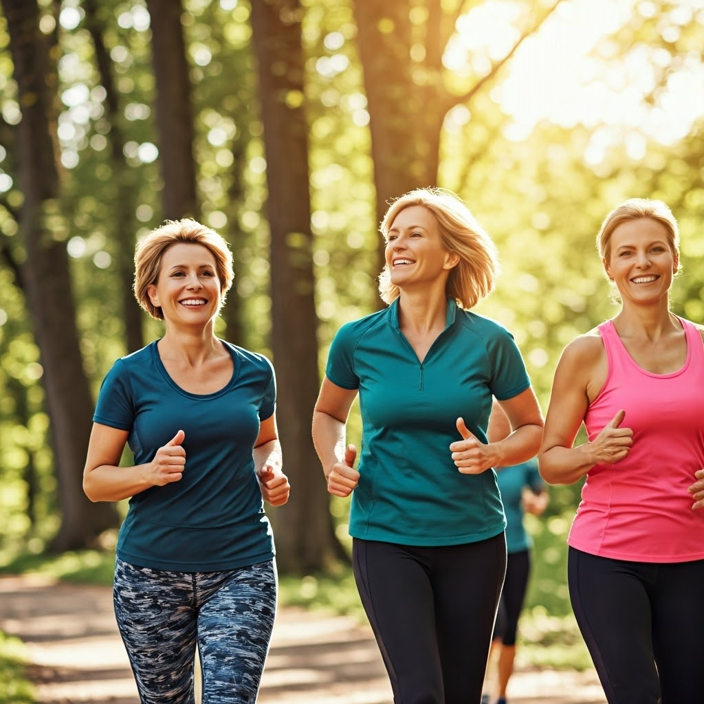 산속을 가볍가 달리고 있는 중년 여성들 사진