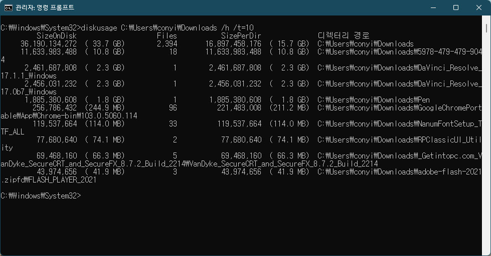 디스크 용량 확인하기 좋은 CMD 명령어 diskusage 사용법 사진6