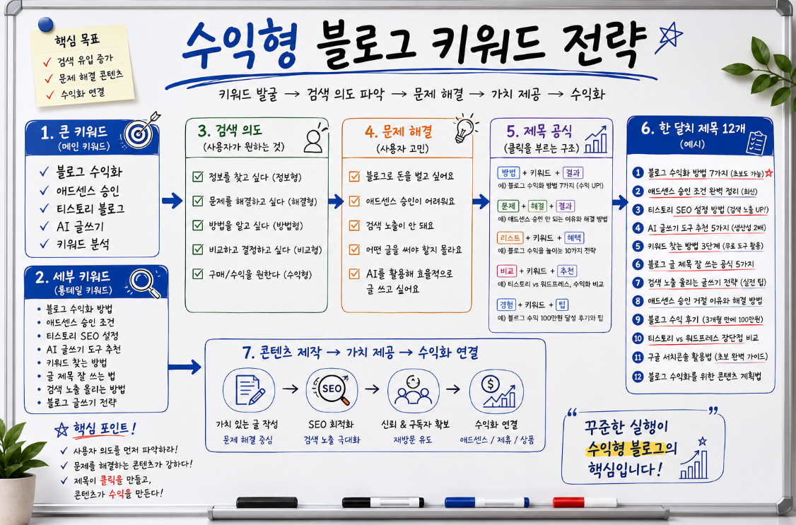 수익형 블로그 키워드 전략과 검색형 제목 만드는 과정을 설명하는 구조 이미지
캡션: 큰 키워드에서 세부 키워드로 내려가고, 검색 의도를 제목 공식에 넣으면 수익형 글 주제가 만들어집니다