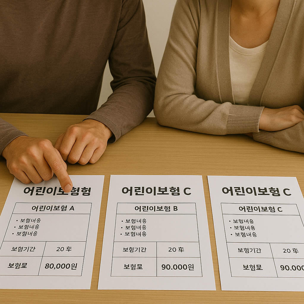 다양한 어린이보험 상품을 비교하는 부모의 모습