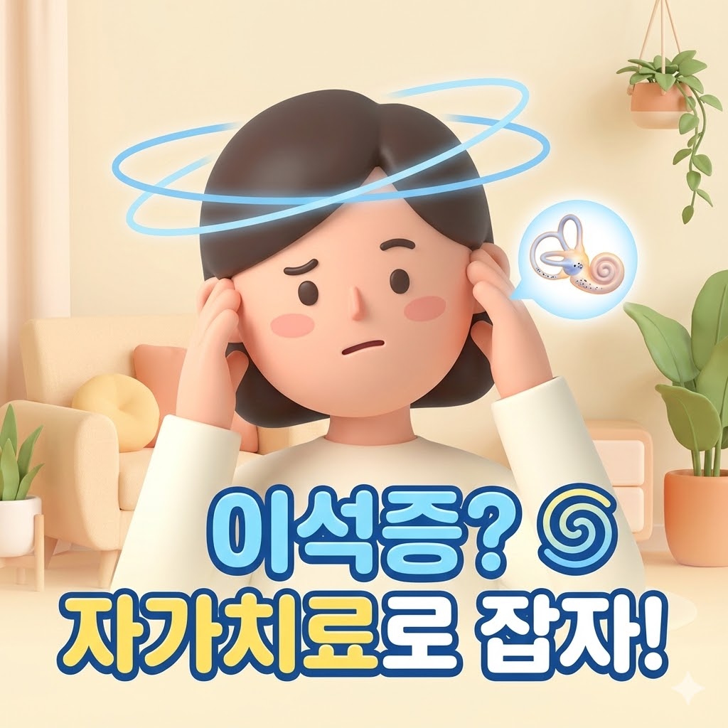 이석증 자가치료 방법을 안내하는 3D 카툰 일러스트. 어지럼증을 느끼는 사람이 귀 속 이석의 움직임을 형상화한 이미지와 함께 '이석증? 🌀 자가치료로 잡자!'라는 문구가 새겨져 있습니다.