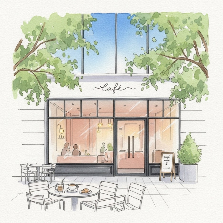 도심 속 세련된 카페 외관과 주변 풍경