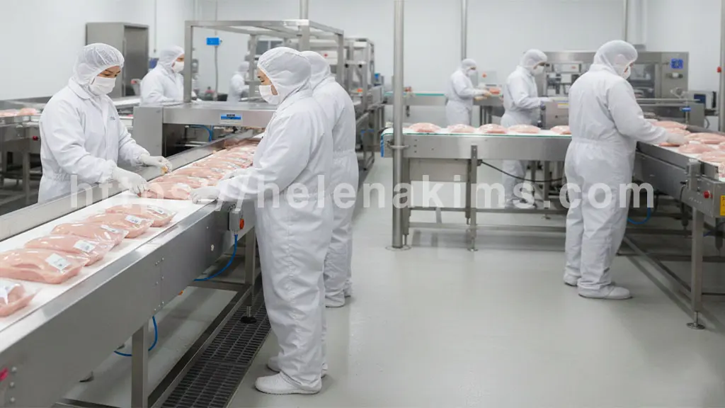 공장에서 닭을 위생적으로 생산하는 모습.