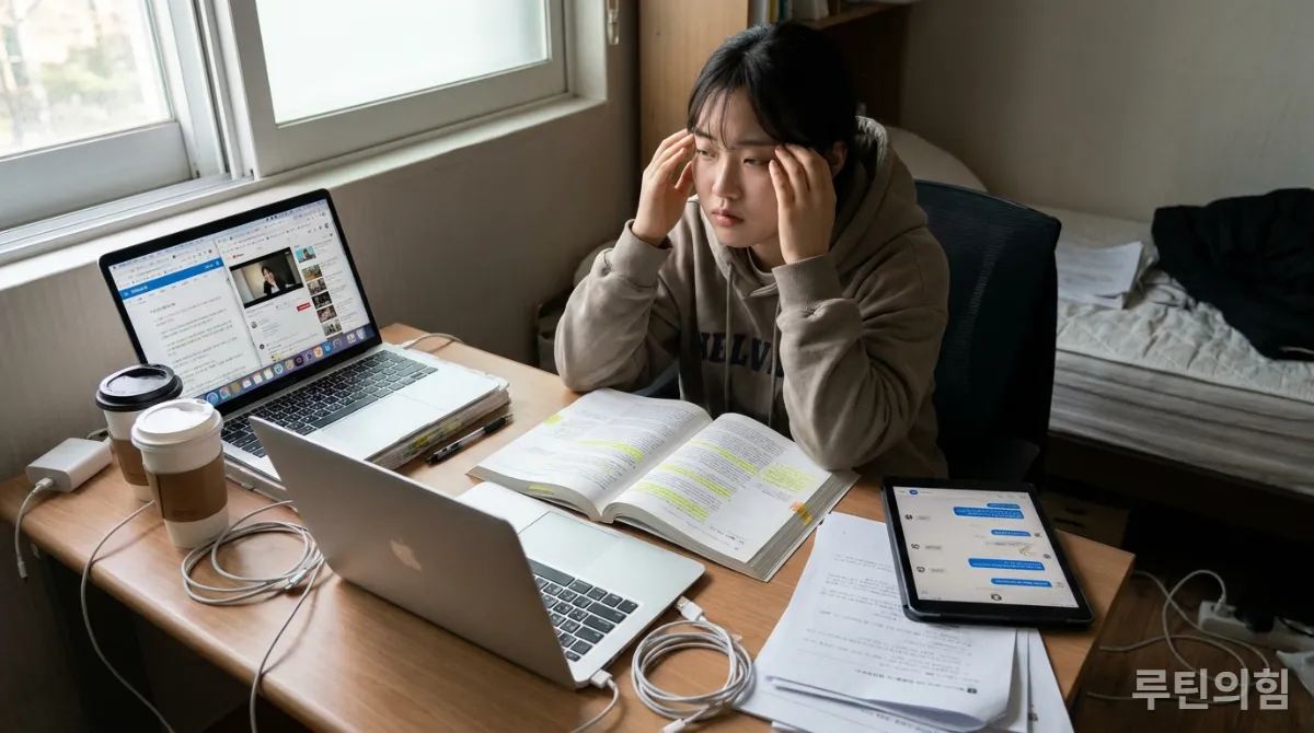 여러 기기를 동시에 사용하며 산만해 보이는 한국 학생의 모습