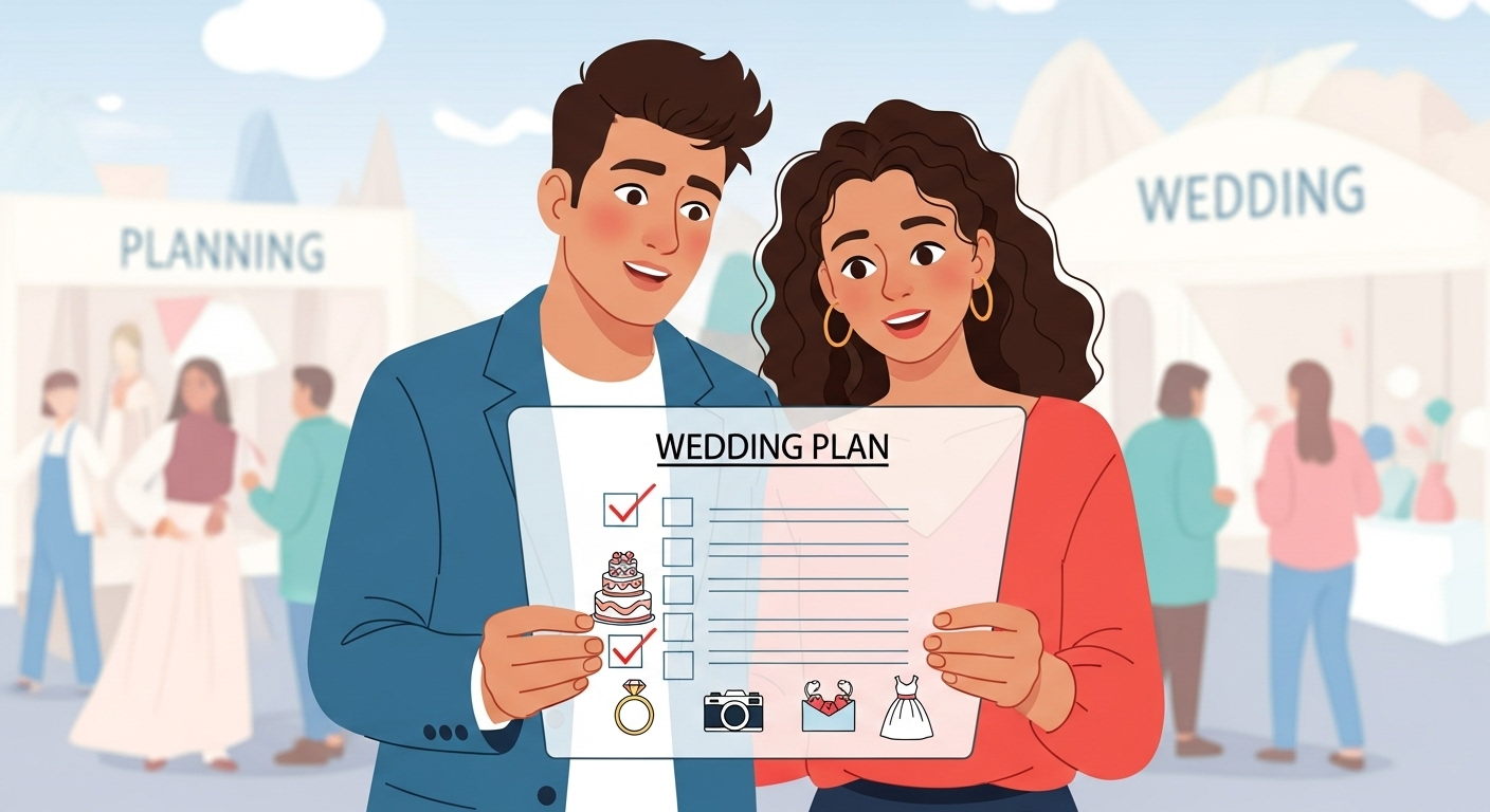 투명한 결혼 준비 체크리스트를 보며 안도하는 예비 신혼부부