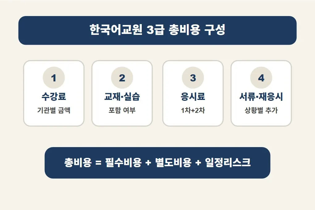 한국어교원 3급 양성과정 비용을 수강료, 교재&middot;실습, 응시료, 서류&middot;재응시 추가비용으로 나누어 확인하는 인포그래픽