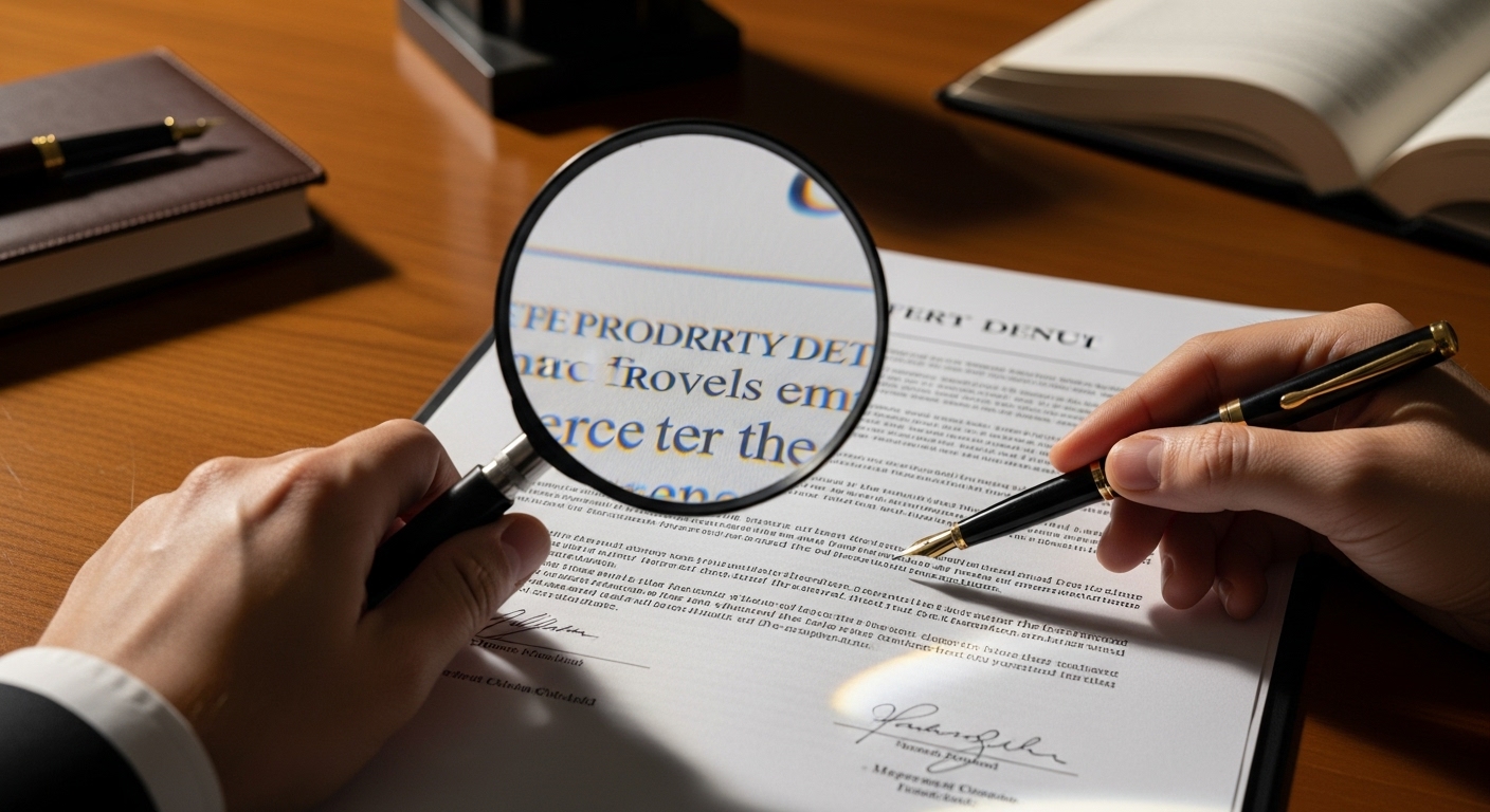 확대경으로 등기부등본 등 중요 서류의 핵심 조항을 꼼꼼히 확인하는 모습