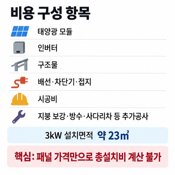 태양광 모듈, 인버터, 구조물, 배선 차단기 접지, 시공비와 추가공사비로 설치비가 구성되는 이미지
