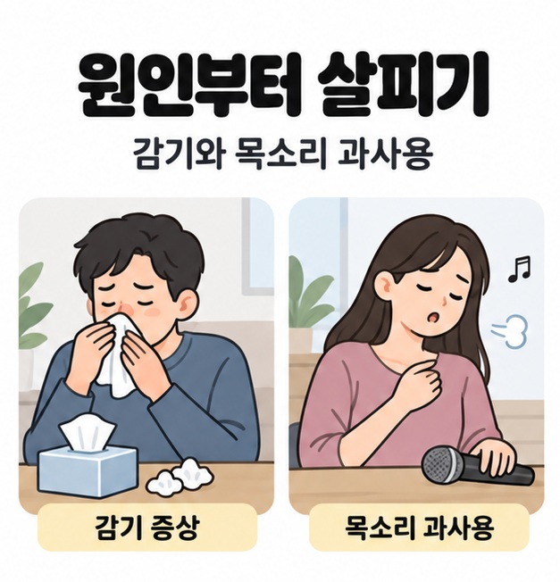 감기 증상으로 휴지로 코를 닦는 남성과 마이크를 내려놓고 목에 손을 댄 여성으로 표현한 목소리 과사용 장면