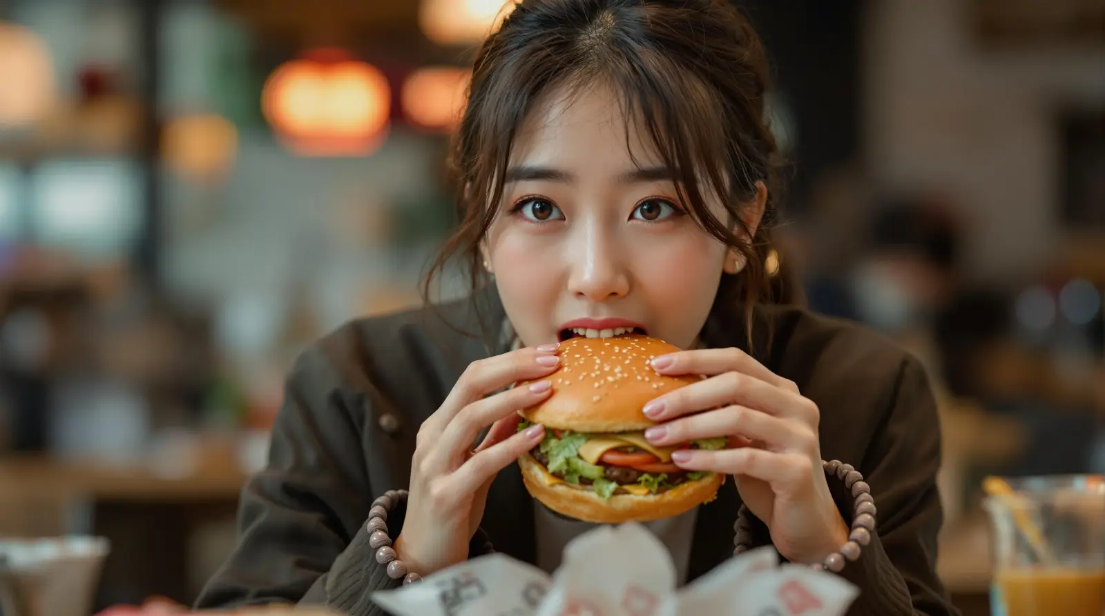 햄버거를 먹는 여성