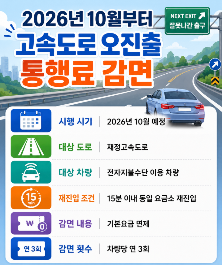 2026년 10월부터 고속도로 오진출 통행료 감면 조건·대상 15분 내 재진입 시 기본요금 면제