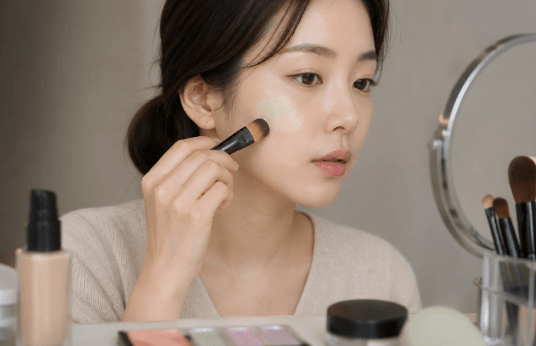 화장대에서 파운데이션 바르는 모습