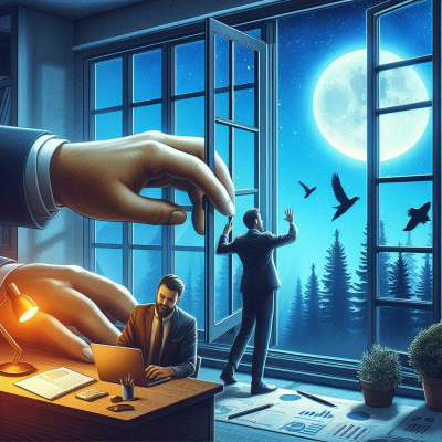 밤하늘의 새들과 손이 창문을 여는 몽환적인 장면