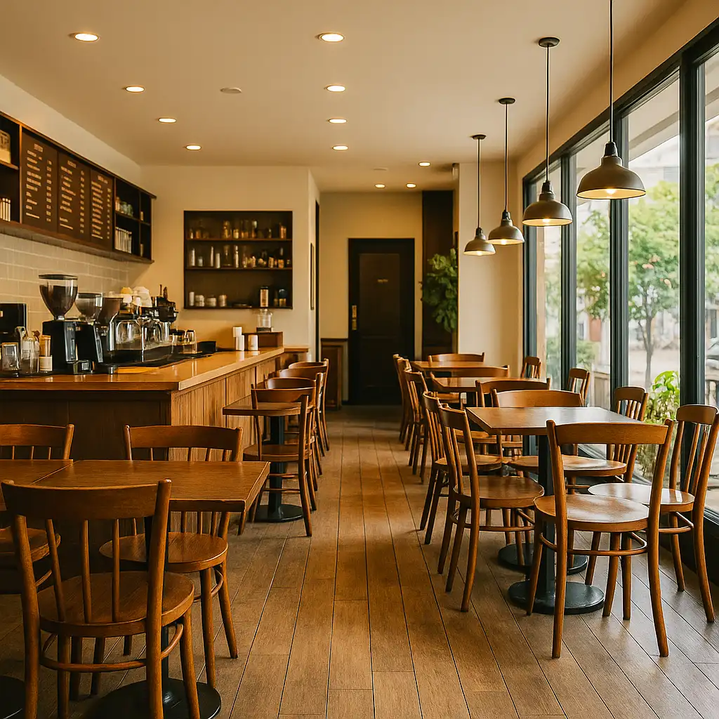 베트남 카페 실내 전경 — 창가 좌석과 우드 톤 인테리어