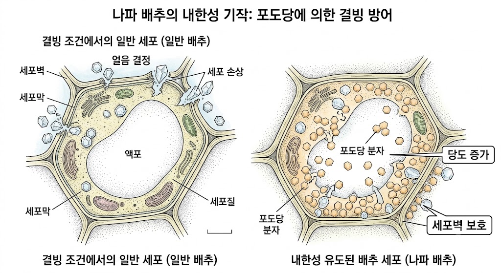 배추 세포 내부에서 당도가 높아짐에 따라 얼음 결정 형성이 억제되는 생리적 원리를 나타낸 보타니컬 식물학 세밀화 다이어그램