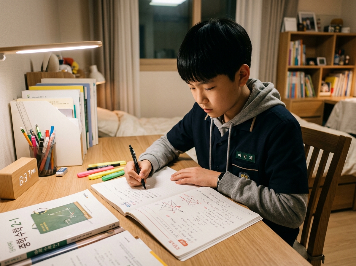 오답 노트를 활용하여 학습 내용을 점검하는 중학생
