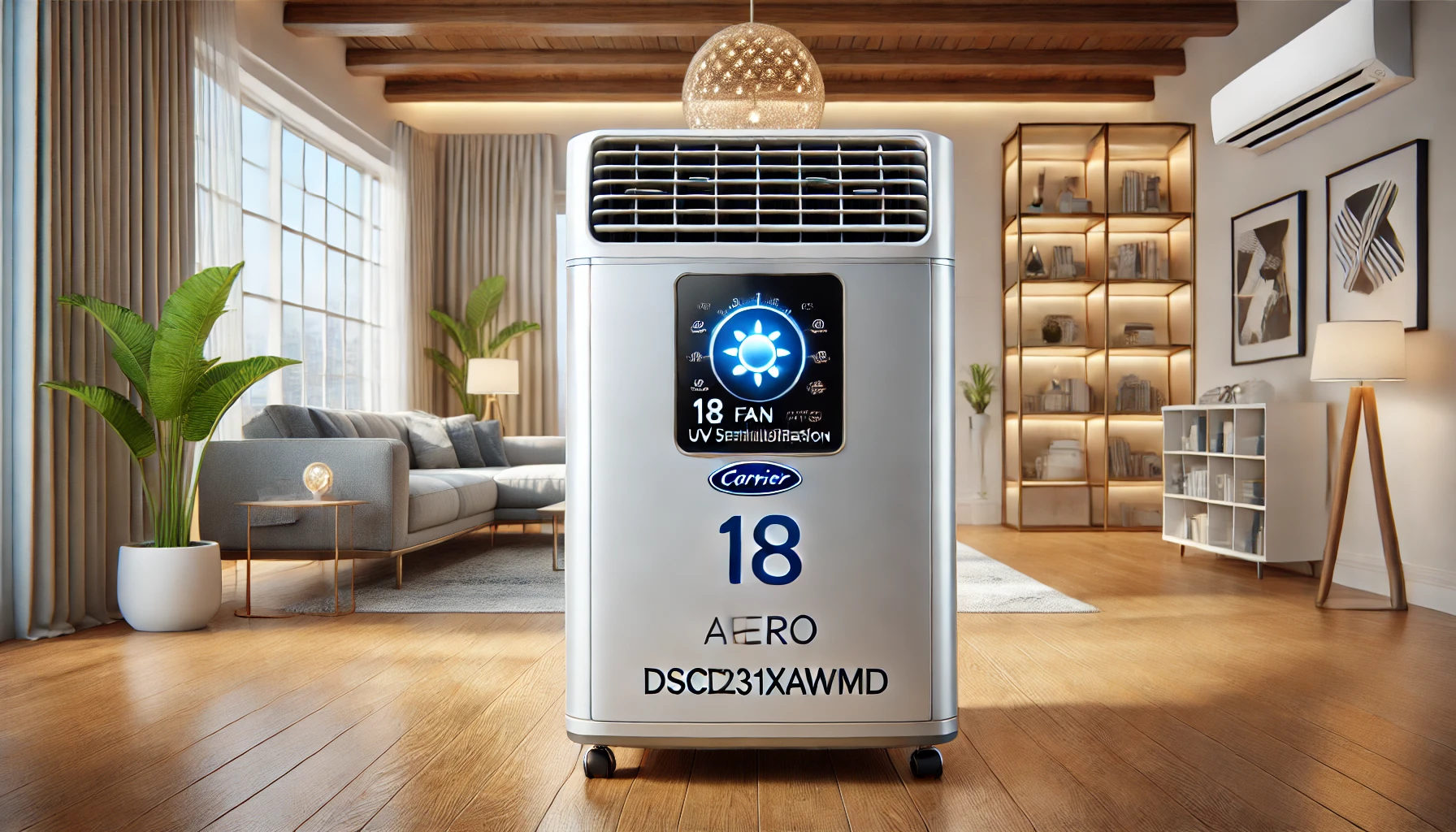 캐리어 18단 스탠드형 에어컨이 UV 살균과 강풍 모드로 작동 중인 거실 모습