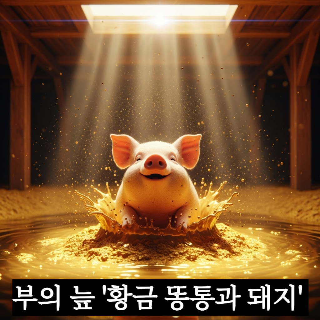 신비로운 황금빛 액체가 가득한 똥통 속에 분홍색 돼지가 빠져 즐겁게 허우적대고 있는 초현실적이고 풍요로운 분위기의 일러스트