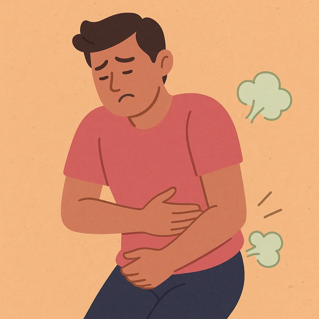 방귀를 참는 듯 복부를 움켜쥐고 괴로워하는 남성의 일러스트, 배출하지 못한 가스 표현