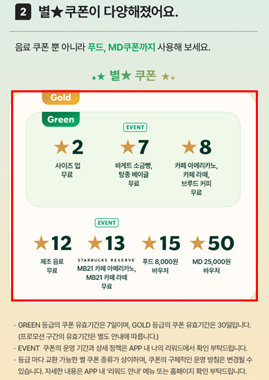 스타벅스 별 쿠폰 등급별 혜택 안내. 그린등급 사이즈업, 바게트&middot;베이글, 아메리카노&middot;라떼, 골드등급 제조음료&middot;리저브&middot;푸드&middot;MD 바우처 혜택
