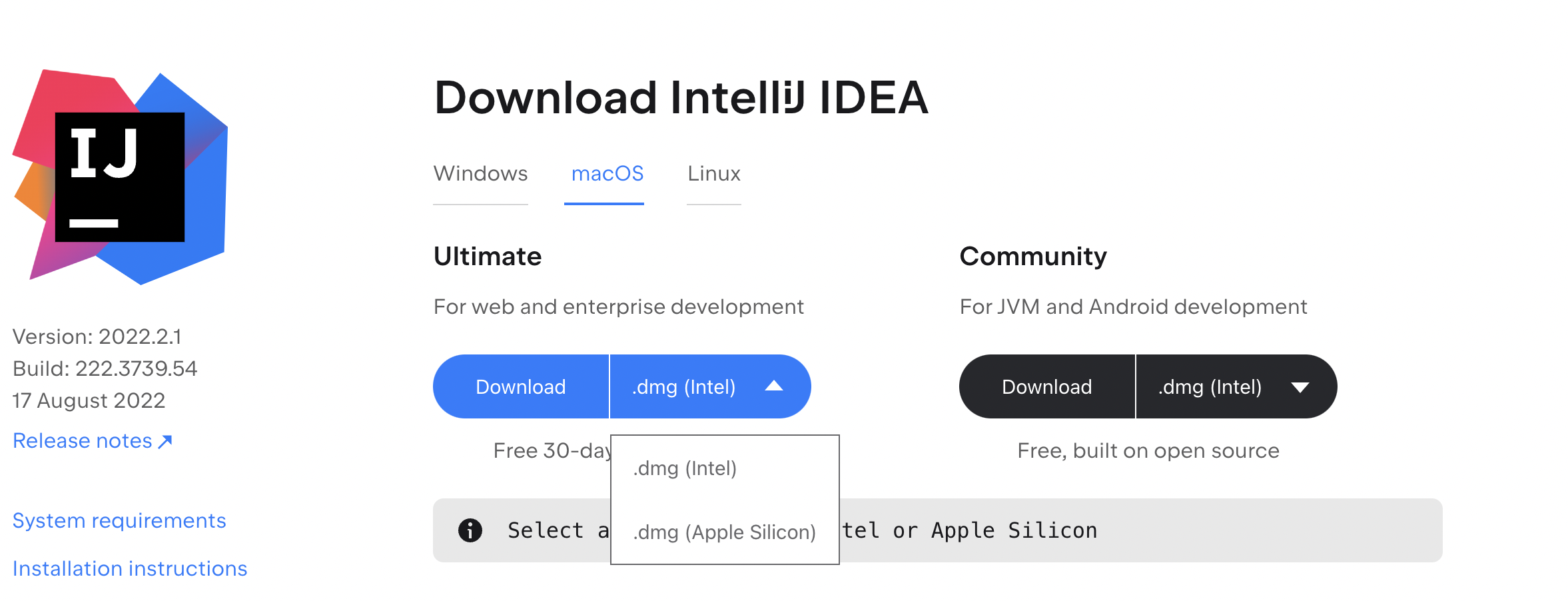 인텔리제이 버전 선택
