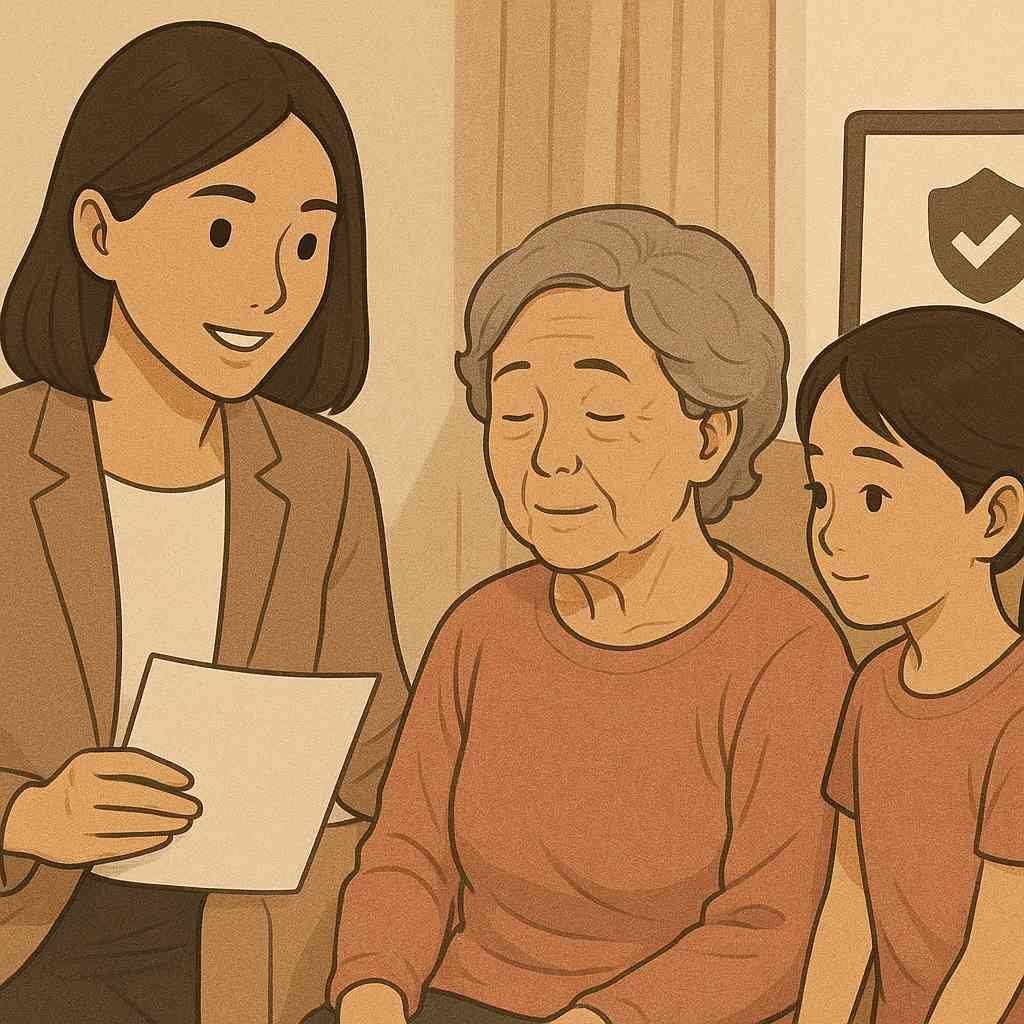 동양인 가족이 보호 아이콘 배경 아래 모여있는 장면