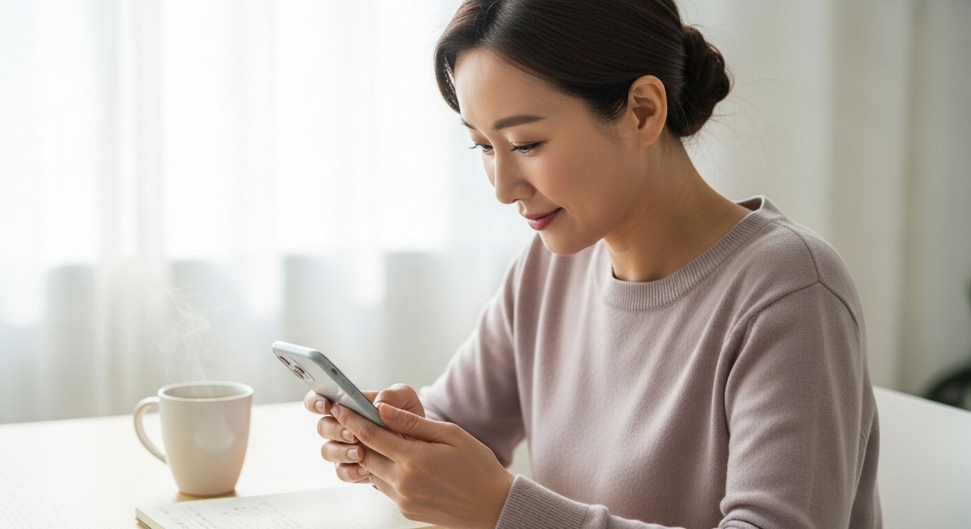 스마트폰으로 고용센터 알림톡을 확인하며 메모하는 한국 여성