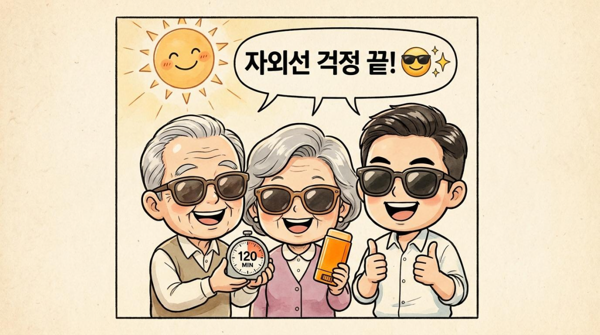 상황별 자외선 차단 지수 선택과 120분 주기 재도포를 실천하며 자외선 걱정 없이 기뻐하는 만화 캐릭터