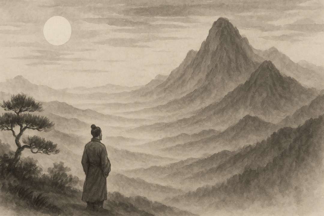 명견만리를 표현한 동아시아 전통 수묵화 스타일의 그림으로, 달빛이 비치는 안개 낀 산맥을 배경으로 한 인물이 절벽 위에 서서 멀리 펼쳐진 산들의 흐름을 고요하게 응시하고 있으며, 한쪽에는 소나무가 함께 어우러져 깊은 사색과 통찰을 상징하는 장면