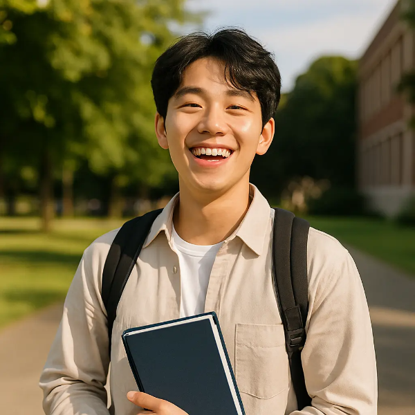 캠퍼스에서 책을 들고 환하게 웃고 있는 백팩을 맨 젊은 한국인 남성의 성공적인 취업을 상징하는 밝은 이미지