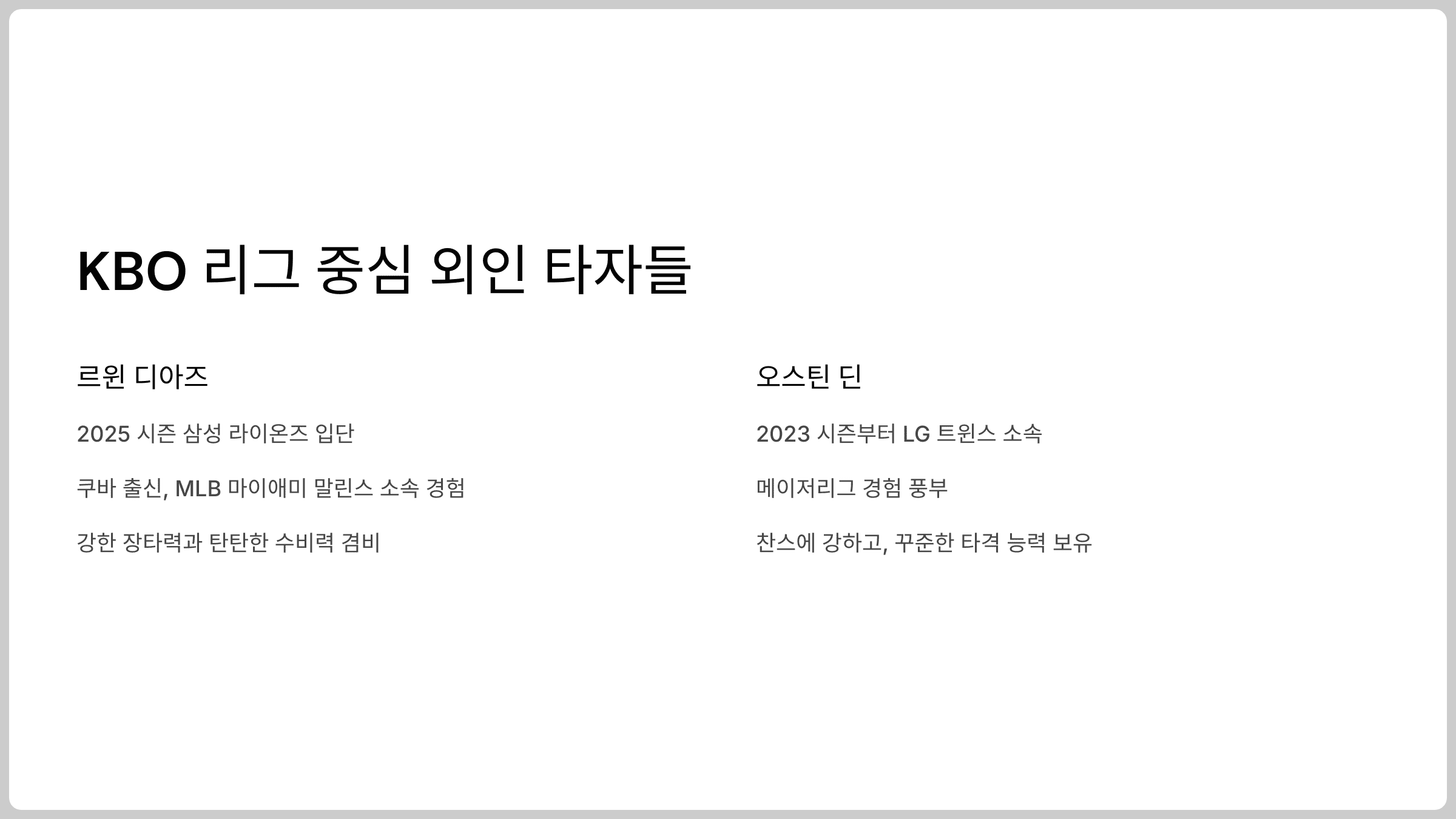 KBO 리그 중심 외인 타자, 삼성의 르윈 디아즈 선수와 LG의 오스틴딘 선수