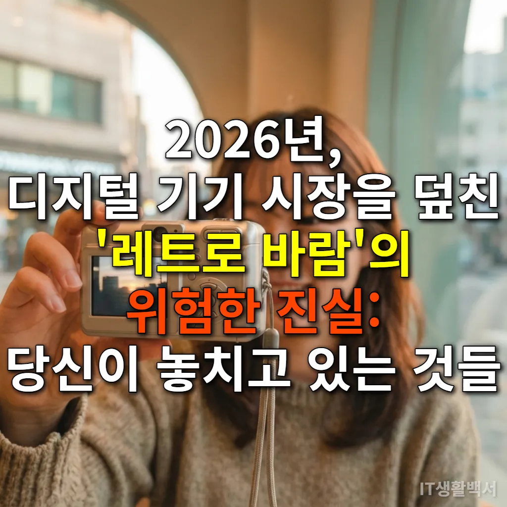 구형 디지털카메라를 들고 있는 젊은 한국 여성, 배경은 현대적인 한국 도시 풍경으로 레트로와 현대의 조화를 보여줍니다.