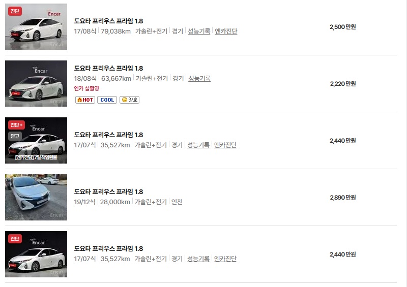 도요타 프리우스 중고차 가격 시세표 연비