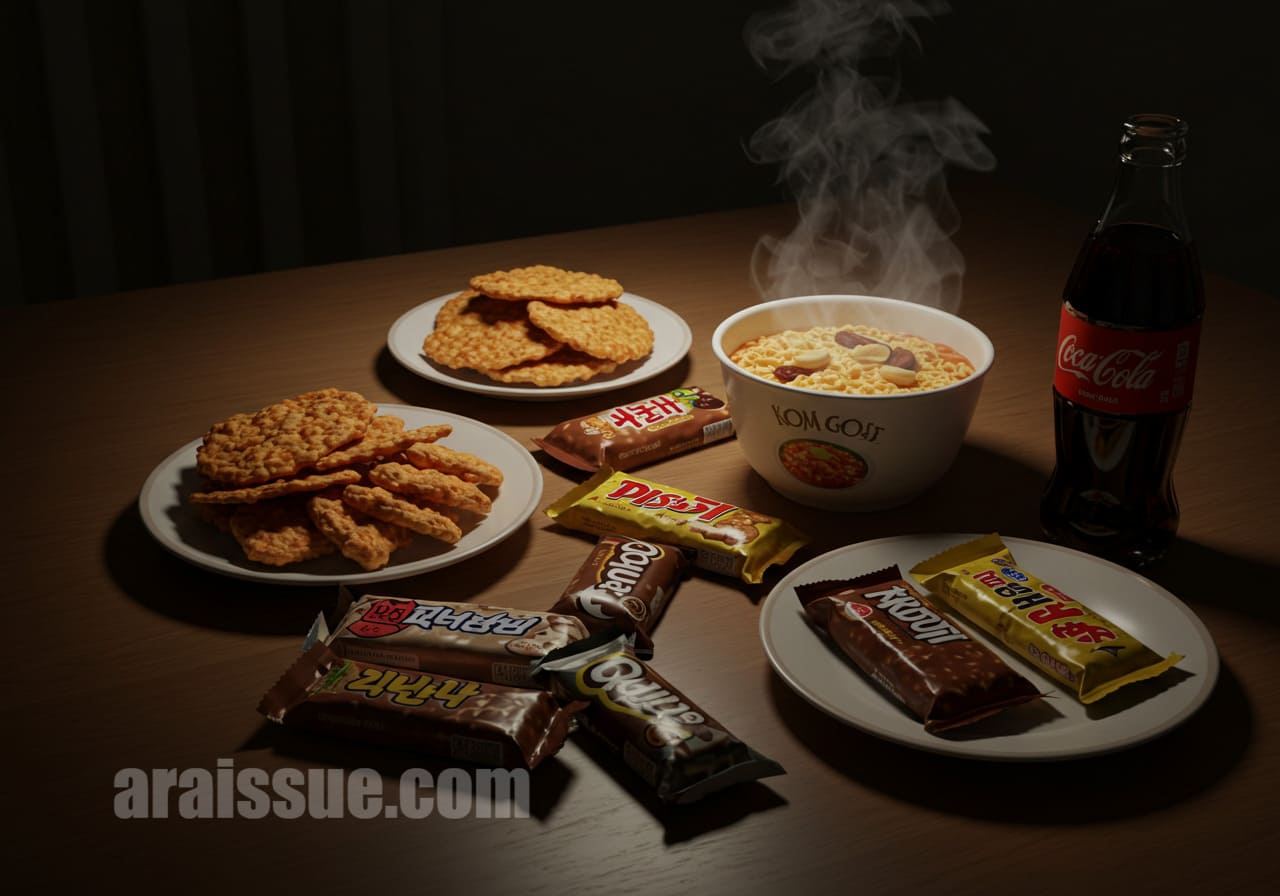 단 음식과 야식이 놓인 식탁 장면