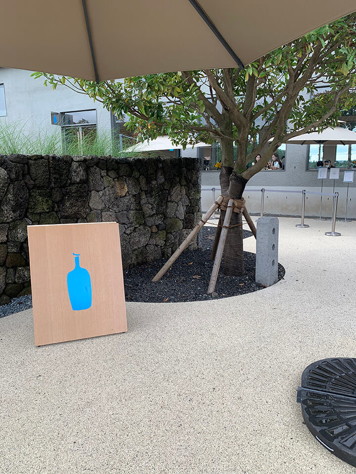 제주 전통의 돌담과 정주석으로 입구가 꾸며져 있고&#44; 블루보틀의 로고가 심플하게 놓여져 있는걸 보실 수 있습니다.