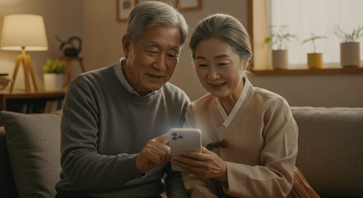 생활지원금 신청진행상황을 노부부가 휴대폰으로 확인하고 있는 모습 1