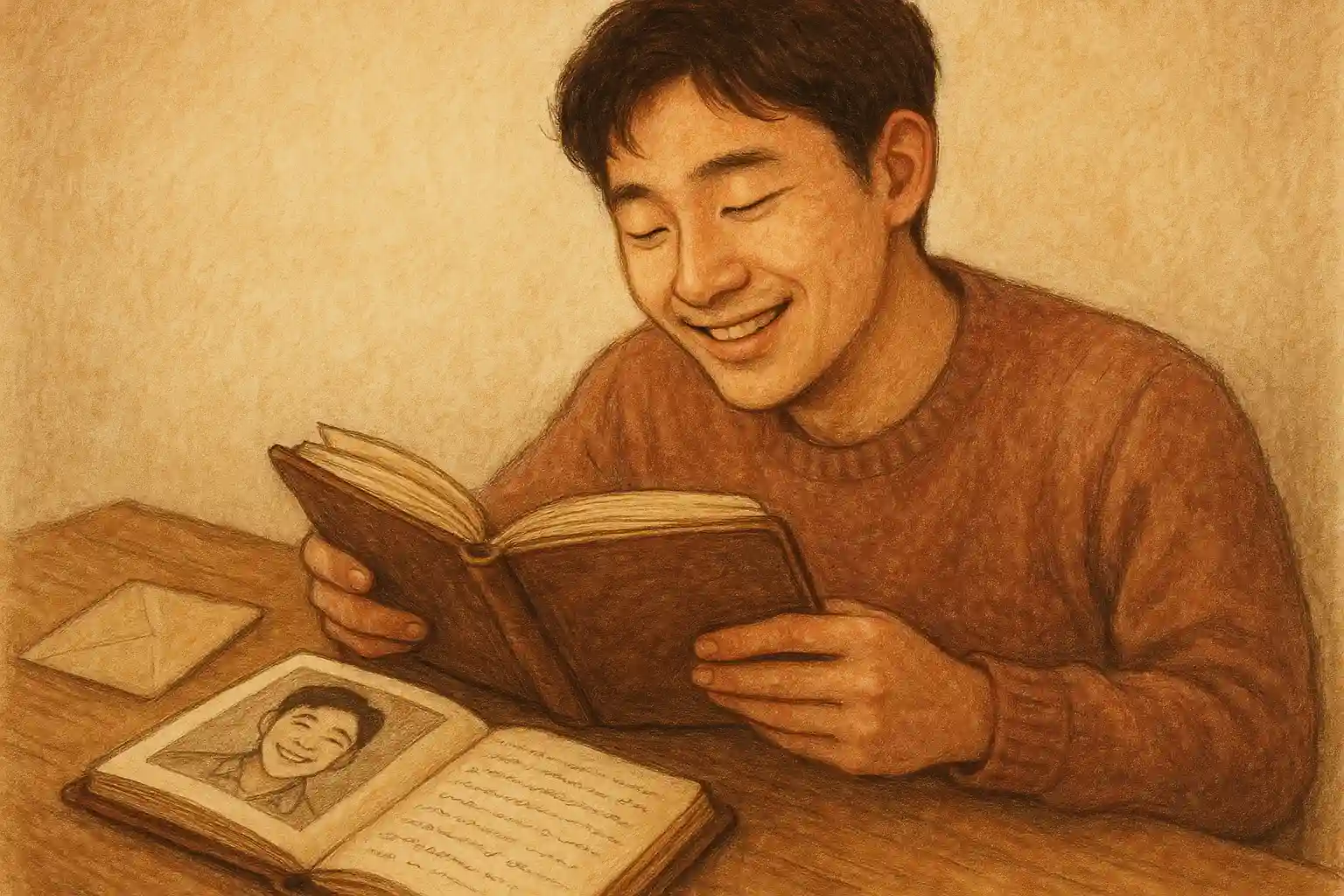 오래된 일기장과 사진을 보며 미소 짓는 사람