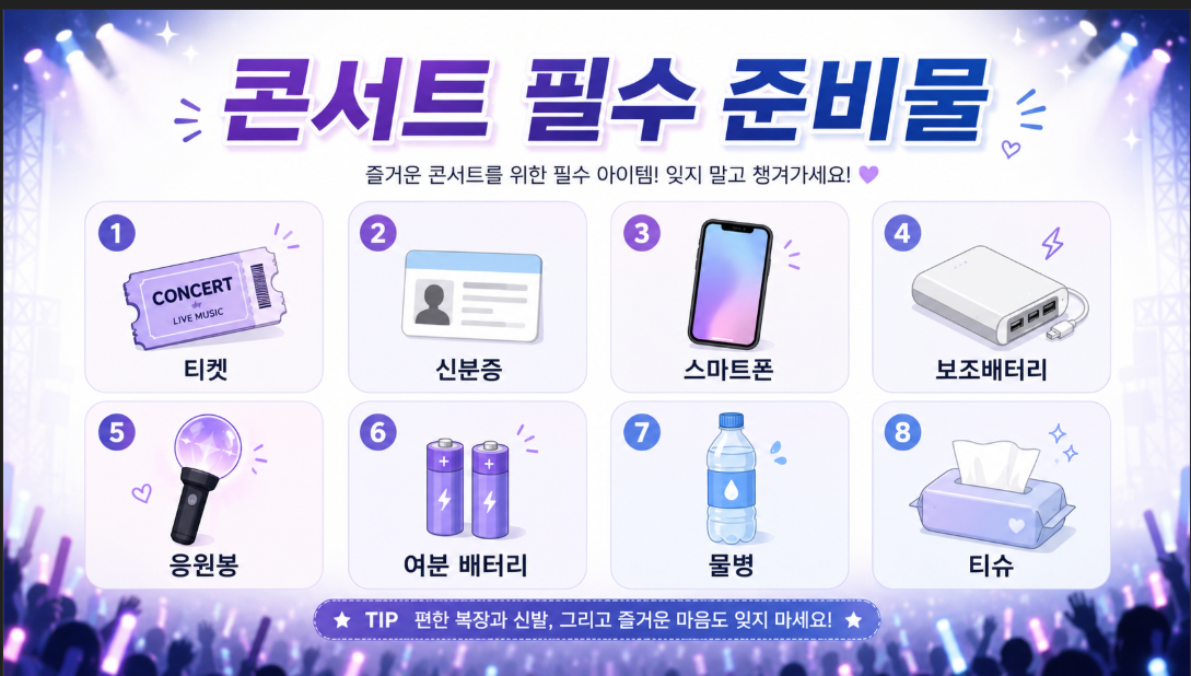 티켓 신분증 스마트폰 보조배터리 응원봉 등 K-팝 콘서트 필수 준비물을 정리한 이미지