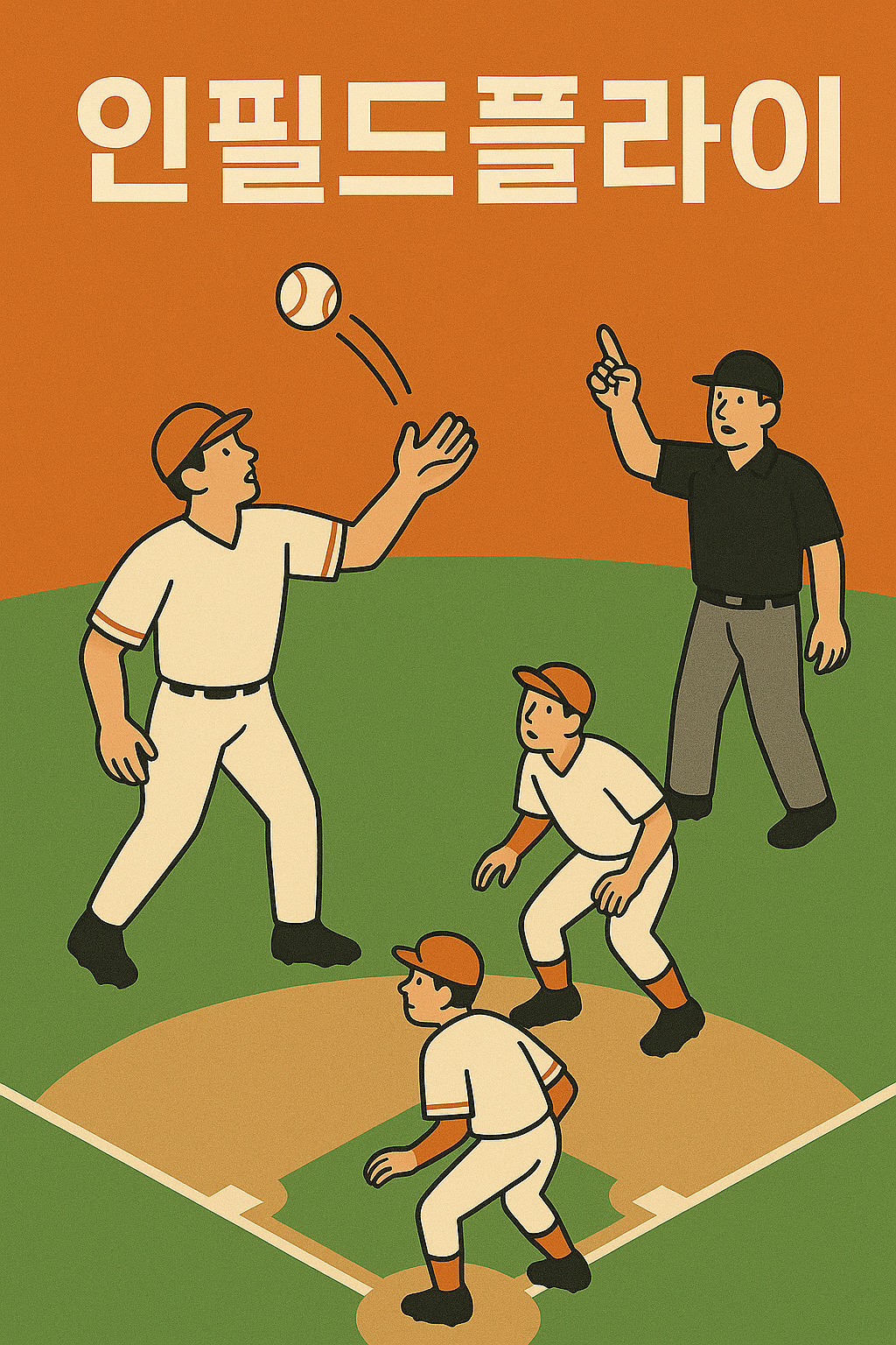 '인필드플라이' 글자와 함께 야구 내야에 공이 떠 있고, 수비수 한 명이 공을 잡으려 하고 있으며, 심판이 손가락으로 아웃을 지시하고, 주자 두 명이 베이스에 있는 일러스트.