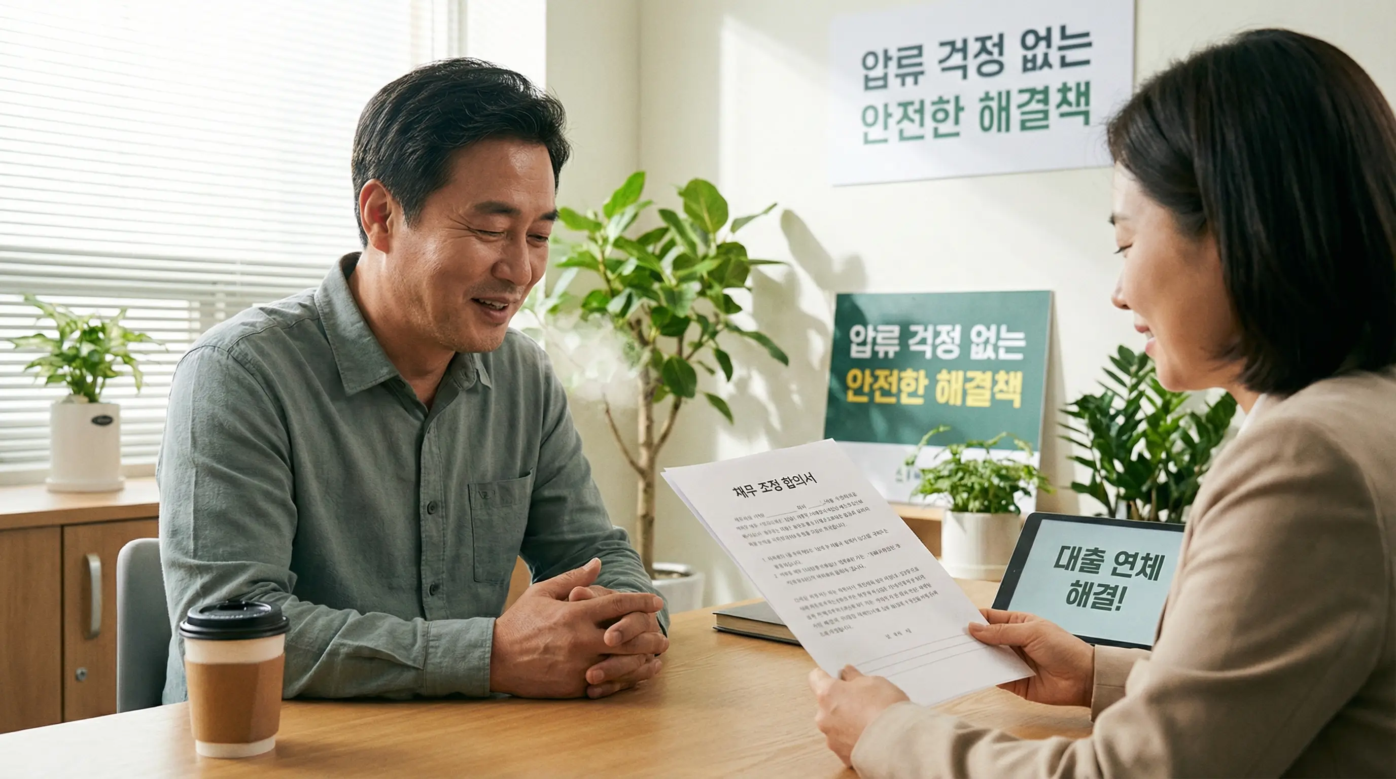 대출 연체로 인한 압류 걱정을 덜어주고 안전한 해결책을 제시하는 안심하는 모습