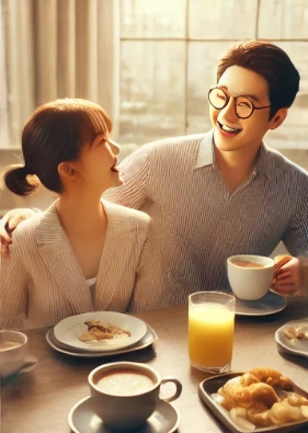 아침식사중 밝게 인사를 나누는 모습
