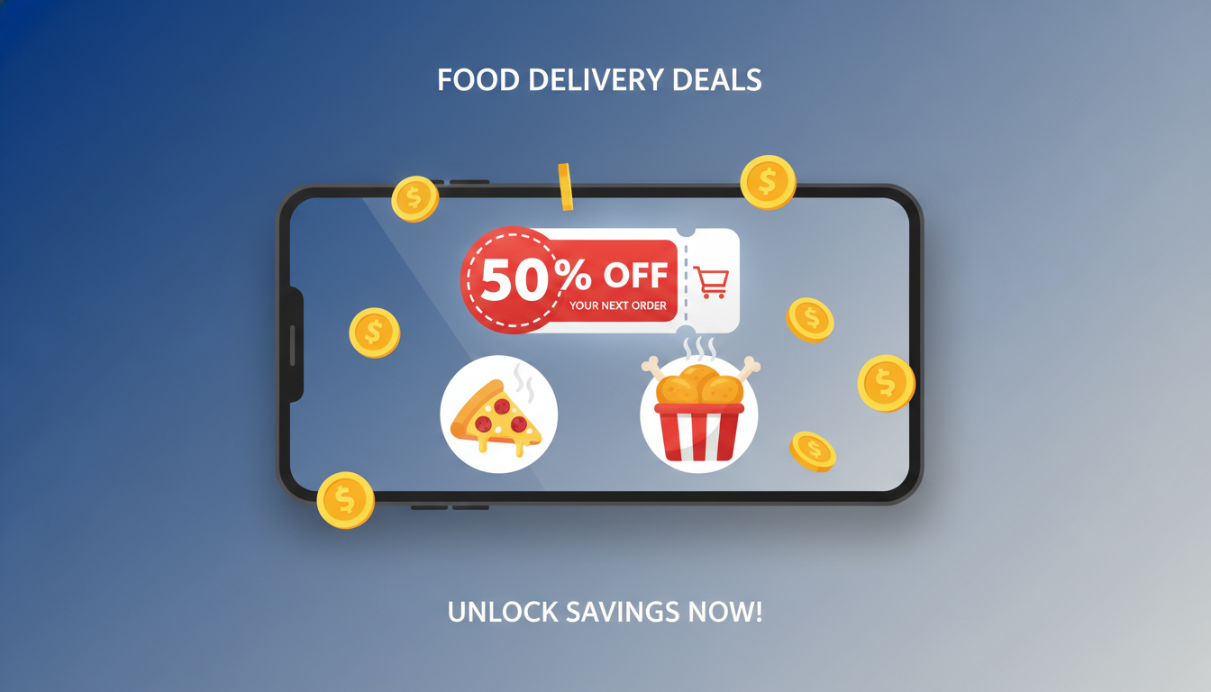 스마트폰에서 배달의민족 할인 쿠폰과 동전이 쏟아지는 일러스트