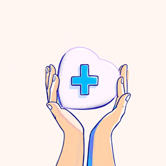 실손보험 청구의 간편함과 안전성을 상징하는 파란 십자가와 두 손