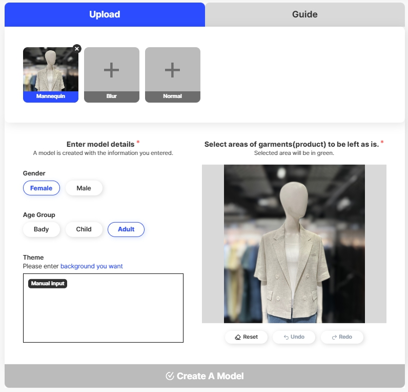 A screenshot of the Draph Art model change menu where a mannequin image is uploaded.