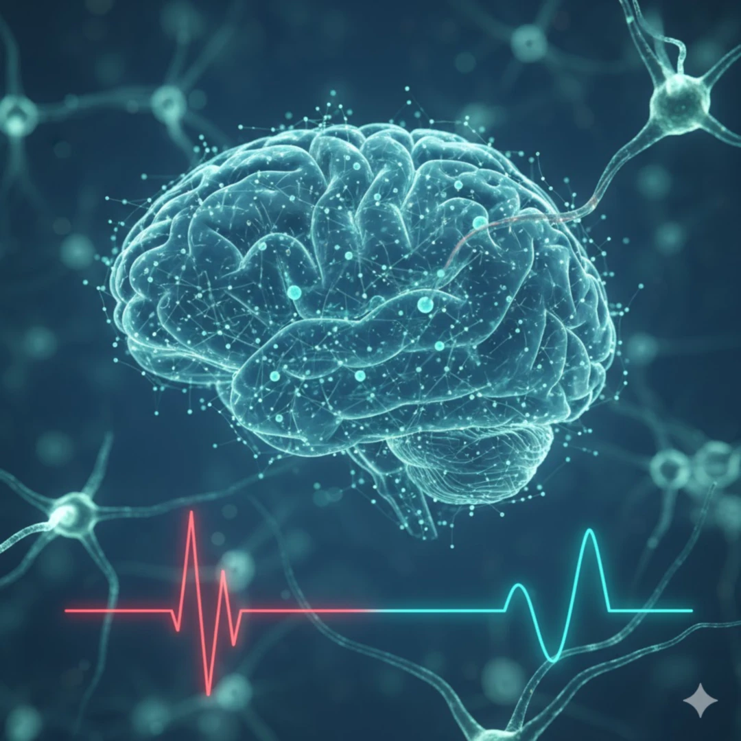 뇌의 뉴런들이 안정적으로 연결되고 신호를 주고받는 모습을 추상적으로 표현합니다. 복잡하게 얽혀있던 신경망이 마그네슘의 도움으로 차분하고 질서정연하게 정돈되는 듯한 시각적 효과를 줍니다. 차분한 파란색이나 녹색 계열의 색감을 사용하여 안정적이고 평화로운 느낌을 강조하며&amp;#44; 불안정했던 파형이 안정적인 파형으로 바뀌는 그래픽을 포함할 수 있습니다. 