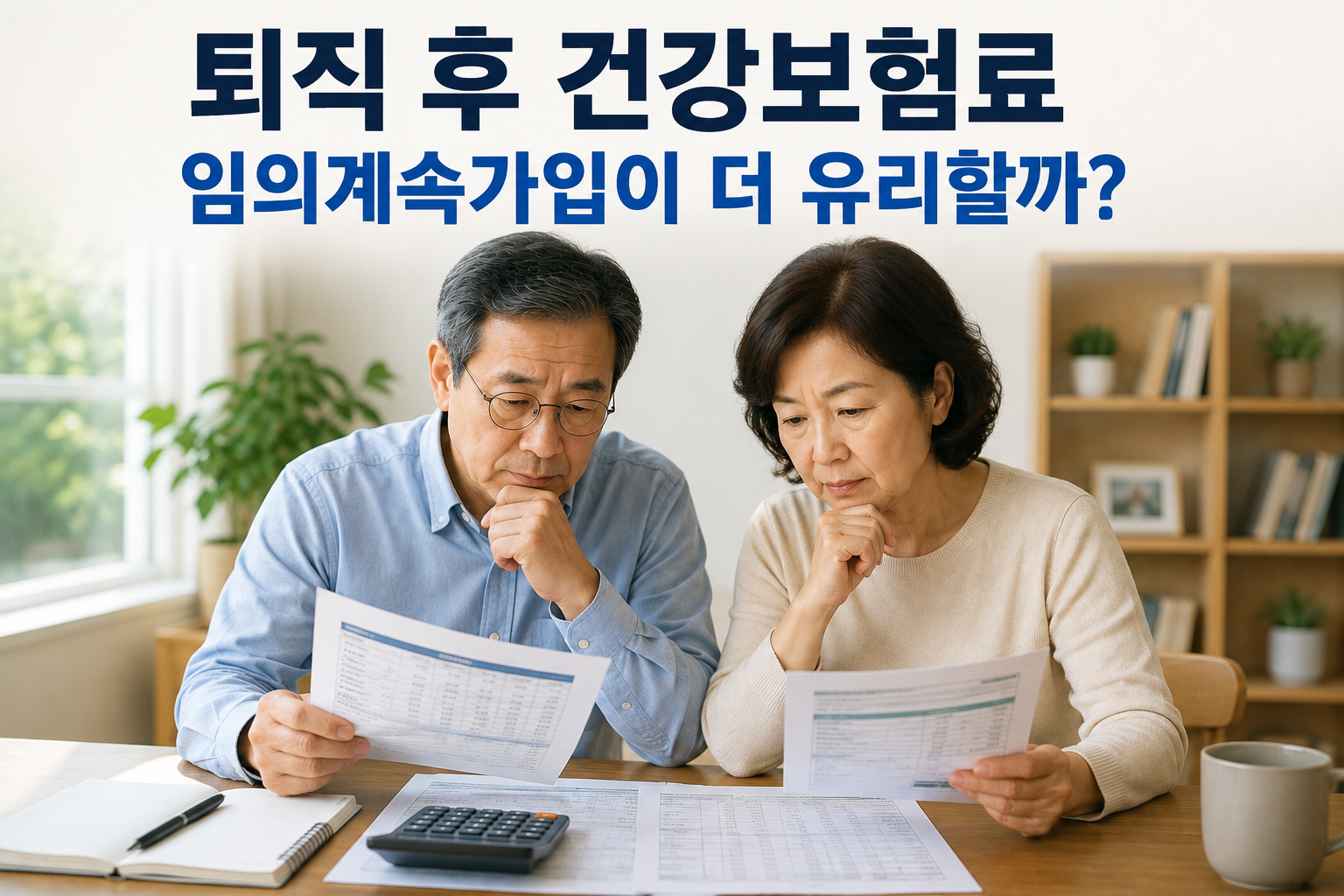 퇴직 후 건강보험 임의계속가입과 지역가입 보험료를 비교하는 부부